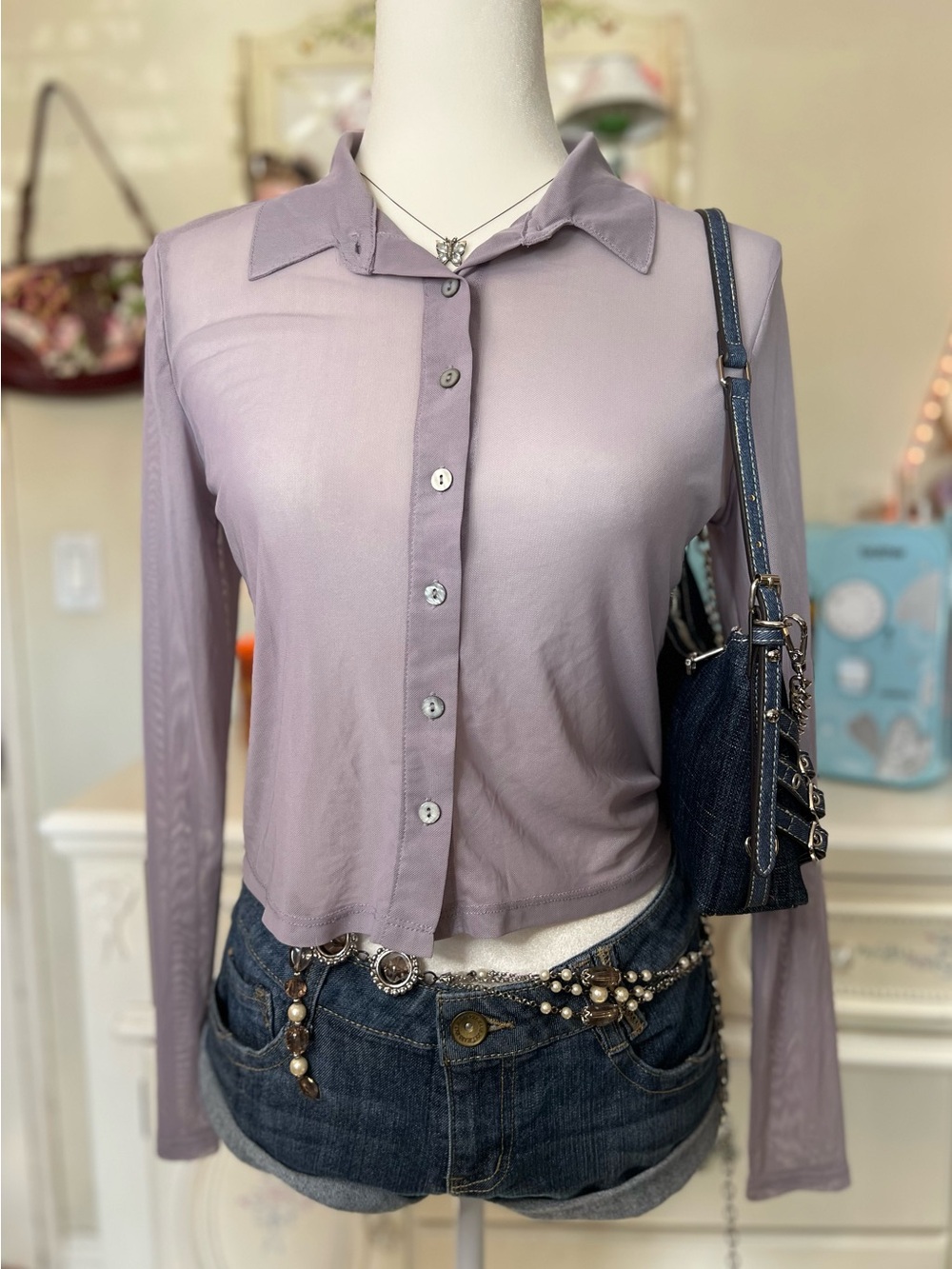 Semi-Sheer Lavender Button-Front Women's Shirt
